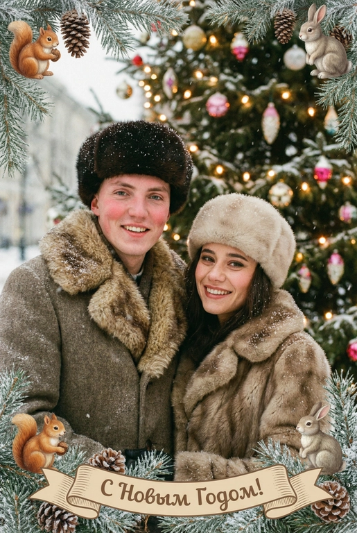   создай новогоднюю фотографию в стиле советского фильма: лица максимально похожи на исходное фото, на улице, в старой зимней одежде (пальто/шуба с меховым воротником, меховая шапки из ондатры или норки). Идёт снег. На фоне размытая украшенная советскими стеклянными игрушками ёлка с гирляндами и тёплыми огоньками. Внизу бежевая декоративная лента с надписью. Рамка по краям из еловых веток со снегом, добавить шишки, белочек и зайчиков. Атмосфера уюта и ностальгии, мягкие кистевые мазки, тонкая плёночная зернистость, мягкая глубина резкости. Надпись на ленте: "С Новым Годом!"
