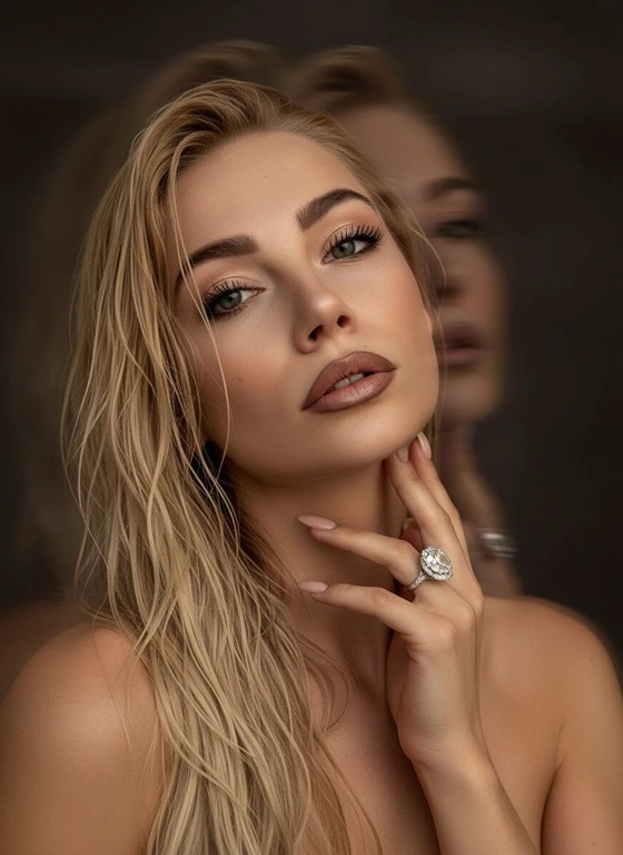 Создайте портрет женщины с длинными, волнистыми, влажными волосами, свободно ниспадающими на плечи, некоторые пряди прилипают к лицу. Она чувственно смотрит в камеру, слегка откинув голову назад, словно наслаждаясь мгновением покоя или чувственности. Её рука нежно лежит на шее, на пальце – эффектное сверкающее кольцо. Плечи опущены. Тёмный, почти однотонный и размытый фон подчёркивает силуэт и лицо женщины. Весь образ мастерски передан с помощью размытия в движении и световых бликов, которые создают ощущение естественного, сказочного движения головы и руки. Мягкие, тёплые тона, лёгкое свечение кожи и губ создают интимную, чувственную и таинственную атмосферу. Эффекты: размытие в движении, художественная длительная выдержка, тёплые тона, атмосфера сновидения. Макияж выразительный: длинные чёрные ресницы, бежевые тени с лёгким мерцанием, выразительные контуры и румяна, безупречная кожа и пухлые губы с нюдовым блеском и тёмно-коричневым карандашом для губ. Ухоженные брови с эффектом Bravenlifting. Длинные, заостренные ногти. Реалистичное фото, как будто снято на профессиональную камеру. Сохраните черты лица такими, какие они есть.