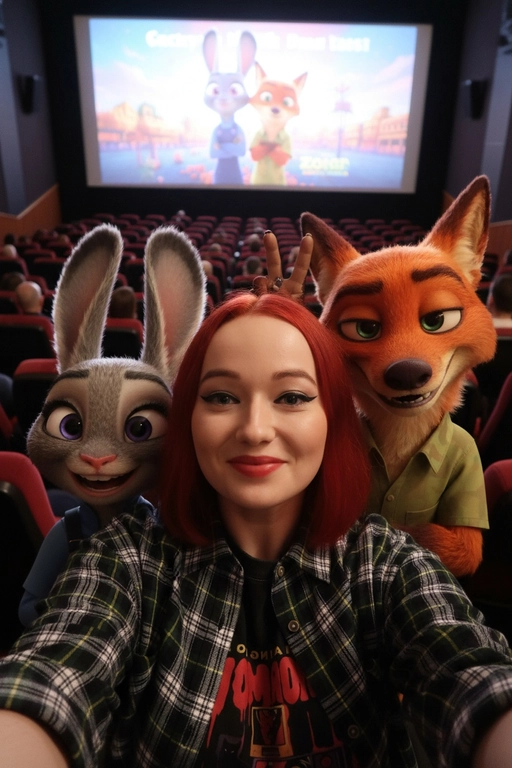 Сделайте селфи крупным планом в высоком разрешении человека [лицо на фото] с Джуди Хоппс и Ником Уайлдом из «Зверополиса 2».
Кадрирование:
Рамка для селфи плотная, лица заполняют весь кадр. Девочка в центре, Джуди с одной стороны, Ник с другой, все наклонены естественно. Слегка приподнятый угол селфи с естественным искажением на вытянутых руках.
Персонажи:
Джуди и Ник выглядят точно так же, как их оригинальные версии из фильма, но гармонично вписаны в реальную жизнь благодаря естественному освещению, реалистичным теням и глубине. Их анимированные образы соответствуют оригиналу, а их головы чётко заполняют кадр. Позирование (игривый жест «кроличьи ушки»):
Все трое наклоняются ближе с милым, весёлым настроением:
– Ник поднимает два пальца за голову девочки, изображая озорной жест «кроличьи ушки» с его фирменной лукавой, игривой ухмылкой.
– Джуди наклоняет голову с яркой, весёлой открытой улыбкой — одно ухо приподнято, другое мило повёрнуто.
– человек мило улыбается с радостным выражением лица.

Их лица складываются в дружелюбное, живое групповое селфи.
Селфи должно выглядеть так, как будто оно снято фронтальной камерой телефона человека, с ракурсом на расстоянии вытянутой руки и лёгким искажением, как при селфи с iPhone, что создаёт интимный, очаровательный кадр, не показывая телефон.
Освещение:
Тёплое рассеянное освещение перед началом фильма — мягкий свет сверху с лёгкими отблесками от большого экрана.
Фон:
Ряды кресел в кинотеатре с видимыми зрителями. На большом экране над ними — яркий кадр из мультфильма с персонажами Джуди Хоппс и Ником Уайлдом, без надписей и букв.
Важно:
Ультрареалистичное, естественная резкость и глубина, реалистичное изображение с камеры, а не цифровое или стилизованное, с чёткой детализацией кожи человека, шерсти Ника и Джуди.