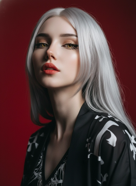 Создай портрет, используя те же черты лица (на основе загруженного фото), характеризующийся резким кинематографическим освещением и интенсивным контрастом. Снятый с немного нижнего ракурса, направленного вверх, что подчеркивает линию подбородка и шеи модели, этот портрет производит впечатление доминантности и скульптурной элегантности. Фон — глубокий, насыщенный малиново-красный, создающий яркий визуальный контраст со сияющей кожей модели и темной одеждой.
