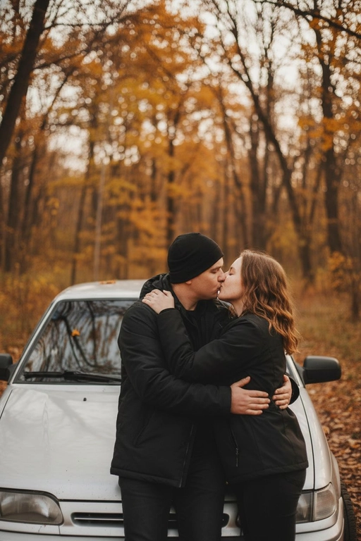 Используй предоставленные изображения и создай фото, где мужчина и женщина стоят, облокотившись на капот автомобиля и целуются. Атмосфера романтичная, осенняя. Средний план людей. Не меняй внешность людей. Машина и люди занимают почти весь кадр. Автомобиль - серебристая ваз 2110