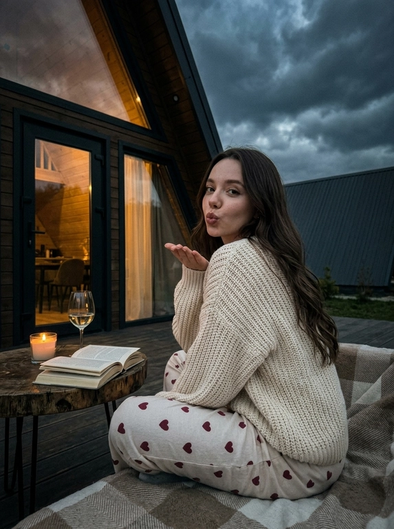 Девушка на террасе A-frame дома с воздушным поцелуем