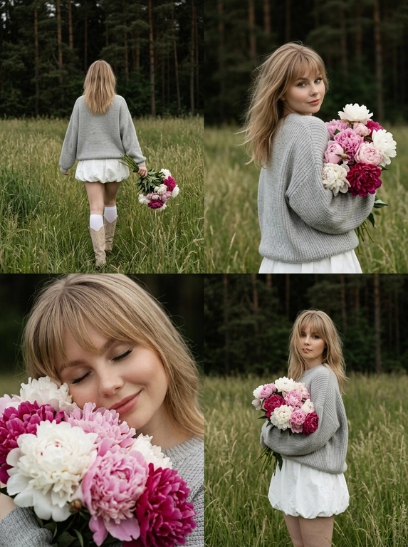 Создать фотореалистичный коллаж из четырех lifestyle fashion-фотографий в единой эстетике. Все кадры сняты на Canon EOS R5, объектив 85 mm, мягкий пасмурный дневной свет, легкая недоэкспозиция, RAW photo, натуральные цвета, живая атмосфера, без ретуши, без HDR, без искусственного размытия. кожа с ровным сияющим тоном, розовые губы с легким сатиновым блеском, аккуратные брови, мягкий luxury nude makeup, естественная текстура кожи без ретуши.

Верхний левый кадр: Женщина снята со спины, идет по высокой зеленой траве к сосновому лесу. В правой руке держит большой букет белых, нежно-розовых и насыщенно-малиновых пионов. На ней объемный светло-серый вязаный oversize-свитер, короткая белая юбка-баллон, белые высокие носки и светлые замшевые казаки.

Верхний правый кадр: поясной портрет. она поворачивается через плечо к камере, смотрит прямо в объектив с мягкой уверенной полуулыбкой. Букет прижат к груди, волосы свободно развеваются. На фоне высокая луговая трава и темный сосновый лес.

Нижний левый кадр: крупный портрет. Она прижимает пышный букет пионов к лицу, глаза закрыты, легкая счастливая улыбка. Цветы частично закрывают лицо, акцент на текстуре лепестков, естественной коже и волосах.

Нижний правый кадр: съемка в полный рост. Она стоит среди высокой травы, слегка развернув корпус в сторону, смотрит прямо в камеру сквозь пряди волос. Букет лежит на согнутой руке, другая рука расслабленно опущена. Свитер свободно спадает по фигуре, белая юбка-баллон создает легкий объем. Атмосфера спокойного летнего вечера, природная эстетика, premium editorial fashion photography.