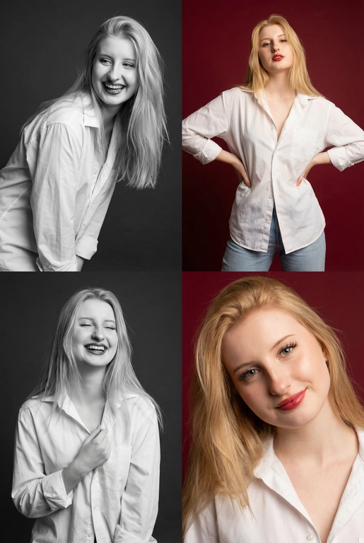 Коллаж из четырёх студийных портретов одной женщины, расположенных в сетке 2×2. Не меняй внешность, цвет и текстуру волос. Все кадры сняты в модном editorial-стиле. Образ — естественная красота, лёгкая небрежность, живые эмоции.
Женщина имеет естественный макияж с акцентом на красные губы. На ней белая очень свободная рубашка мужского кроя на несколько размеров больше, частично расстёгнутая, подчёркивающая линию декольте. В отдельных кадрах она слегка придерживает рубашку руками.
Эмоции и позы:
Верхний левый кадр — чёрно-белый, она наклоняется вперёд, смеётся, взгляд в сторону, живой момент.
Верхний правый — цветной, красный студийный фон, руки на бёдрах, уверенный фэшн-портрет. Снято с нижнего ракурса. Видно часть ее светлых джинс.
Нижний левый — чёрно-белый, она смеётся с закрытыми глазами, держит рубашку у груди, расслабленная поза.
Нижний правый — цветной, крупный портрет, легкая улыбка, слегка наклонила голову в сторону, тёплая улыбка, акцент на губах.
Фон: для цветных кадров — глубокий красный студийный фон, для чёрно-белых — нейтральный тёмный фон.
Освещение: мягкий студийный свет, подчёркивающий текстуру кожи, волосы и складки рубашки. Без жёстких теней.
Композиция: кадры слегка разные по ракурсу, создают ощущение живой съёмки backstage.
Стиль: fashion editorial, lifestyle, natural sexy, cinematic soft light, analog photo vibe, magazine photoshoot, ultra realistic, high detail, skin texture visible, 8k. Волосы распущены и уложены в объемную естественную укладку