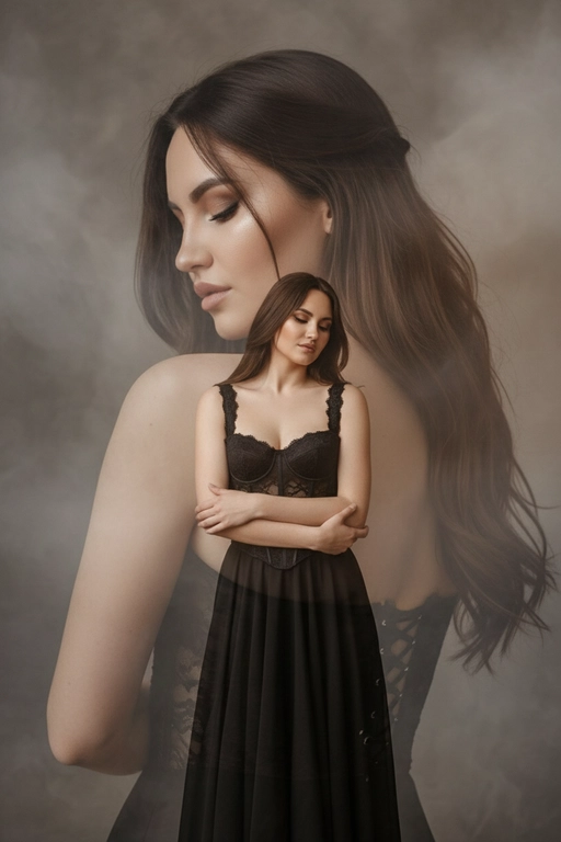 Реалистичный портрет красивой женщины, вдохновлённый референсной фотографией, волосы с легкой укладкой, элегантное чёрное платье с корсетными деталями, мягкое кинематографическое освещение, чувственная поза с закрытыми глазами, дымчатый фон, композиция с двойной экспозицией (крупный план лица сзади, портрет в полный рост спереди), высококачественная студийная фотография, богатый контраст, тонкая текстура кожи, реалистичные тени и блики, художественная глубина резкости, фотореалистичный стиль