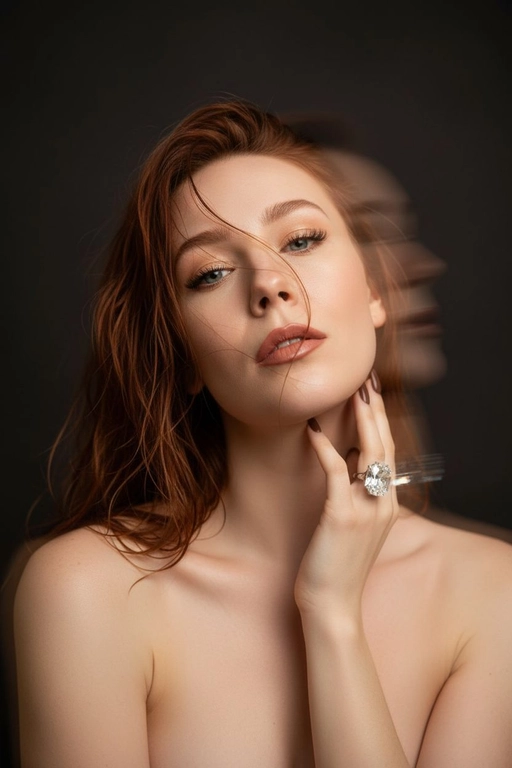 Создайте портрет женщины с длинными, волнистыми, влажными волосами, свободно ниспадающими на плечи, некоторые пряди прилипают к лицу. Она чувственно смотрит в камеру, слегка откинув голову назад, словно наслаждаясь мгновением покоя или чувственности. Её рука нежно лежит на шее, на пальце – эффектное сверкающее кольцо. Плечи опущены. Тёмный, почти однотонный и размытый фон подчёркивает силуэт и лицо женщины. Весь образ мастерски передан с помощью размытия в движении и световых бликов, которые создают ощущение естественного, сказочного движения головы и руки. Мягкие, тёплые тона, лёгкое свечение кожи и губ создают интимную, чувственную и таинственную атмосферу. Эффекты: размытие в движении, художественная длительная выдержка, тёплые тона, атмосфера сновидения. Макияж выразительный: длинные чёрные ресницы, бежевые тени с лёгким мерцанием, выразительные контуры и румяна, безупречная кожа и пухлые губы с нюдовым блеском и тёмно-коричневым карандашом для губ. Ухоженные брови с эффектом Bravenlifting. Длинные, заостренные ногти. Реалистичное фото, как будто снято на профессиональную камеру. Сохраните черты лица такими, какие они есть.
