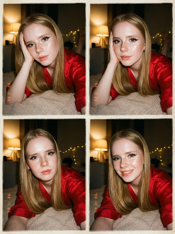   Зернистый четырехпанельный коллаж в винтажном стиле с одноразовой пленочной камерой со вспышкой. Обязательно: не меняйте внешность женщины - точно передайте и сохраните ее лицо с эталонной фотографии, сохраняя черты лица, пропорции, Гламурный макияж глаза с длинными черными стрелками, длинные густые ресницы эффект лучики, Хайлайтер во внутренних уголках и скулах. Пухлые губы, с блеском.  Тело подсвечено  хайлайтером .
Каждая панель представляет собой селфи-портрет крупным планом, снятый с помощью жесткой прямой вспышки на камере. Женщина изящного стройного телосложения (рост 173, вес 50 кг) лежит на мягкой бежевой поверхности, в приглушенном, уютном интерьере. Она одета в красный халат - кимоно с руковом три четверти .
Ее волосы прямые блестящие.
Каждая панель представляет собой...