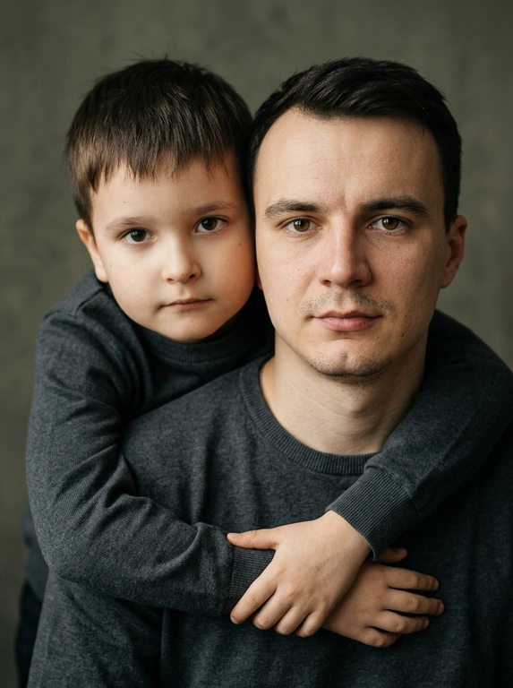 Создай портретный студийный кадр из фотосессии отца и сына. Сын обнимает отца сзади, лежа подбородком на его плече, руки мягко сомкнуты на груди мужчины. Оба смотрят прямо в камеру. Естественные спокойные эмоции, лёгкая серьёзность во взгляде.
Одежда — однотонные чёрные лонгсливы или свитера без принтов. Тёмный нейтральный фон (глубокий серо-оливковый или графитовый). Мягкий направленный студийный свет с лёгкой теневой глубиной, акцент на лицах, тёплая естественная цветокоррекция, высокая детализация кожи, натуральная текстура без излишней ретуши.
Кадр — крупный или средний план, плотная композиция, лица расположены близко друг к другу. Атмосфера — тёплая, камерная, эмоциональная, ощущение близости и доверия. Профессиональная съёмка, 85mm lens, shallow depth of field, cinematic portrait, ultra realistic.