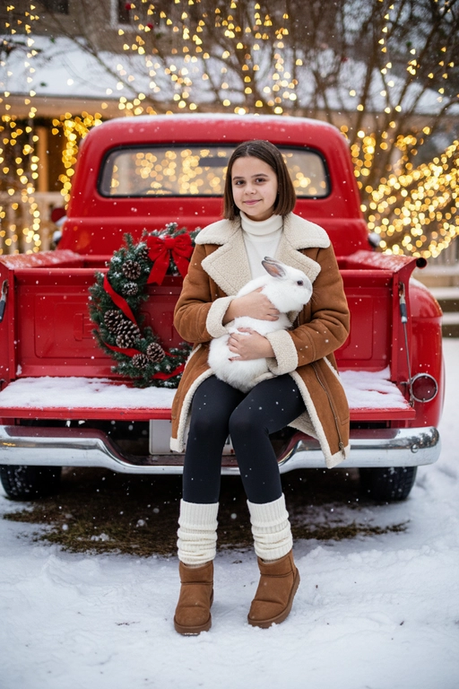 Портрет молодой женщины, сидящей на кузове винтажного красного грузовика. Девушка держит на руках животное. На ней коричневая дубленка с белой окантовкой из овчины по воротнику, манжетам и карманам, под дубленкой белый свитер с горловиной, черные лосины тканевые без блеска, на ногах укороченные, высотой до щиколоток коричнево-бежевые угги на платформе и кремовые гетры до середины икр, выглядывающие из уггов. 
Девушка смотрит в камеру, на ее лице легкая улыбка. 

На грузовике — праздничный рождественский венок. На земле лежит снег.

Мягкий снег падает. Атмосфера — реалистичная, теплая и немного кинематографичная. Сияющие рождественские огоньки и украшения создают яркую теплую атмосферу. Разрешение 8K, акцент на текстуру одежды, снег и сверкающие огоньки на заднем фоне. —ar 3:4 —v.

Не меняй черты лица.  Держит на руках белого кролика