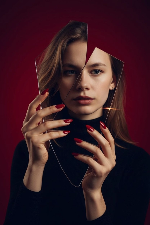 Создай фото для человека на предоставленном фото. Не меняй черты лица. Осколок разбитого зеркала держат изящные руки с длинными красными маникюром, отражая лицо человека. Выражение её лица серьёзное и выразительное. Фон — плавный градиент тёмно-красного цвета для эффектного контраста. Кинематографическое освещение с глубокими тенями, резкий фокус на глазах, сюрреалистичный и художественный стиль модной фотографии.