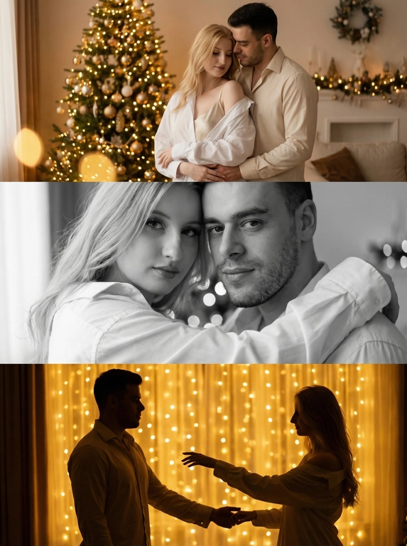   Создай новогодний романтический коллаж формата 2:3, состоящий из трёх горизонтальных кадров друг под другом. Тёплый золотой свет гирлянд, мягкое боке, уютная домашняя атмосфера. Пара в расслабленной, домашней, слегка нарядной одежде.

Кадр 1 (верхний): широкий план. Пара у ярко украшенной новогодней ёлки.
Одежда: девушка в лёгкой белой рубашке, надетой свободно на шелковый топ на тонких бретельках, слегка сползающей с плеч; парень — в светлой рубашке бежево-молочного оттенка, расстёгнутой на вороте. Тёплый свет гирлянд, мягкие тени, спокойный романтичный момент.

Кадр 2 (средний): крупный чёрно-белый портрет. Их лица близко, мягкое боке позади.
Одежда: те же свободные рубашки, видны только верхние части — мягкая ткань, естественные складки, домашний уют.

Кадр 3 (нижний): силуэтный кадр на фоне ярких огней. Пара тянется друг к другу.
Одежда: светлые рубашки, расстёгнутые манжеты, мягко подсвеченные гирляндами. Золотой свет, много боке, тёплое новогоднее настроение.

Стиль: тёплый, нежный, интимный, романтичный, новогодний, кинематографичный.