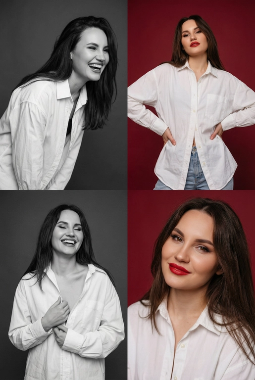 Коллаж из четырёх студийных портретов одной женщины, расположенных в сетке 2×2. Не меняй внешность, цвет и текстуру волос. Все кадры сняты в модном editorial-стиле. Образ — естественная красота, лёгкая небрежность, живые эмоции.
Женщина имеет естественный макияж с акцентом на красные губы. На ней белая очень свободная рубашка мужского кроя на несколько размеров больше, частично расстёгнутая, подчёркивающая линию декольте. В отдельных кадрах она слегка придерживает рубашку руками.
Эмоции и позы:
Верхний левый кадр — чёрно-белый, она наклоняется вперёд, смеётся, взгляд в сторону, живой момент.
Верхний правый — цветной, красный студийный фон, руки на бёдрах, уверенный фэшн-портрет. Снято с нижнего ракурса. Видно часть ее светлых джинс.
Нижний левый — чёрно-белый, она смеётся с закрытыми глазами, держит рубашку у груди, расслабленная поза.
Нижний правый — цветной, крупный портрет, легкая улыбка, слегка наклонила голову в сторону, тёплая улыбка, акцент на губах.
Фон: для цветных кадров — глубокий красный студийный фон, для чёрно-белых — нейтральный тёмный фон.
Освещение: мягкий студийный свет, подчёркивающий текстуру кожи, волосы и складки рубашки. Без жёстких теней.
Композиция: кадры слегка разные по ракурсу, создают ощущение живой съёмки backstage.
Стиль: fashion editorial, lifestyle, natural sexy, cinematic soft light, analog photo vibe, magazine photoshoot, ultra realistic, high detail, skin texture visible, 8k. Волосы распущены и уложены в объемную естественную укладку