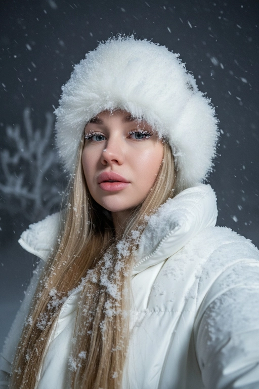 Селфи крупным планом, сделанное ночью на улице во время сильного снегопада. У женщины выразительные волосы и выразительные глаза, на ресницах и волосах которой лежат снежинки. На ней зимняя шапка из искусственного меха, почти полностью покрытая снегом, и пуховая куртка, припорошённая снегом на плечах и воротнике.
Освещение: мягкий холодный ночной свет сверху и немного спереди, создающий лёгкое свечение на щеках и лёгкие блики на куртке.
Поза: она держит камеру чуть ниже уровня глаз, уверенно снимая своё лицо снизу вверх; губы слегка приоткрыты, выражение лица спокойное, но выразительное. Фон: тёмное зимнее ночное небо, едва заметные ветви деревьев, слегка покрытые инеем, минимальная видимость для создания драматического настроения. Атмосфера: холодная, кинематографичная, с чистой зимней энергией; стильный современный снежный портрет с естественной текстурой и деталями. Шапка и куртка белого цвета.