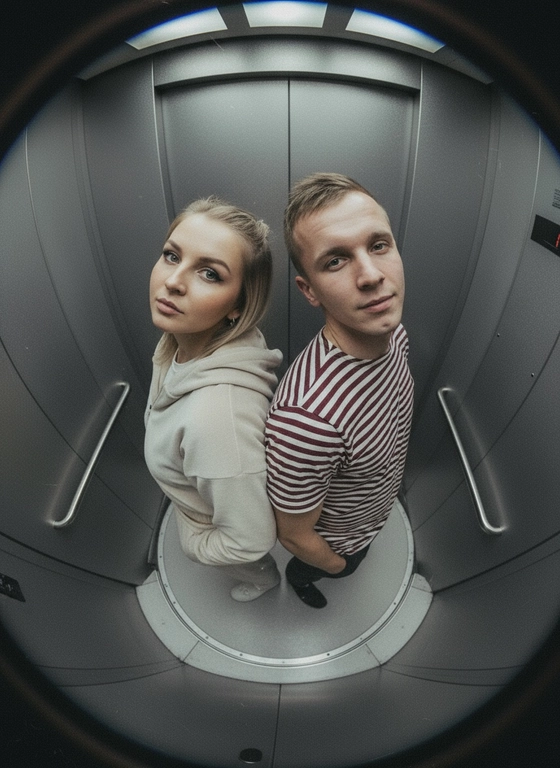 Используй предоставленные изображения и создай фото с двумя людьми в лифте с металлическими стенами. Цветовая гамма с преообладанием серых металлических оттенков. Кадр снят с максимально верхнего ракурса, люди будто заглядывают в камеру, их головы подняты наверх, взгляд в камеру. Легкий эффект fish eye. Реалистичное фото. Зернистость пленочного фото, насыщенные цвета, стиль фото y2k. Сохрани черты лица людей. Они стоят спиной друг к другу. Руки в карманах.