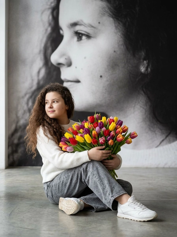 Создай портрет, не меняя черты лица, и превратите его в художественный портрет.
Ребенок сидит на полу в изящной позе, в белой кофте, мягких свободных серых джинсах и белых спортивных кроссовках. Ребенок держит в руках огромный букет ярких разноцветных тюльпанов.
Выражение лица — лёгкая улыбка, ребенок смотрит в сторону. 
Фон — тот же его профиль, в мягком крупном чёрно-белом художественном стиле, крупный план сбоку.
Композиция должна быть художественной, мягкой, реалистичной.
Создай изображение, которое выглядит как настоящая фотография. 
Не меняй черты лица.