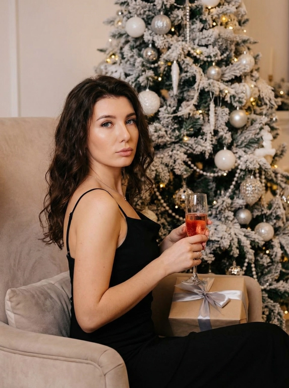   Молодая светлокожая женщина, предположительно европейской внешности, в возрасте около 30 лет, изображена в интерьере, украшенном к Рождеству. Сохрани лицо и черты лица с оригинального фото на 100%. Она сидит в кресле, повернувшись в три четверти к зрителю, с выражением задумчивости на лице. На ней черное платье на бретельках, подчеркивающее ее фигуру. В руках она держит бокал с розовым напитком. Рядом с ней на кресле лежит подарочная коробка, перевязанная серебряной лентой. Волосы у женщины темные, волнистые, частично убраны назад. За ней видна наряженная новогодняя елка с белыми и серебристыми украшениями и гирляндами, и усыпана белым «снегом». Освещение теплое, мягкое, создающее атмосферу уюта и праздника. Композиция кадрирована так, чтобы акцентировать внимание на женщине и праздничной атмосфере. Общий стиль - рождественский, семейный и праздничный.