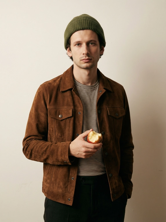   Фотография мужчины в стиле модной съемки. Он стоит в студии на фоне однотонной светлой стены. Мужчина одет в полосатую футболку, коричневую замшевую куртку и темные брюки. На голове у него вязаная зеленая шапка. В одной руке он держит надкусанное яблоко. Поза непринужденная, взгляд направлен в камеру. Цветовая гамма приглушенная, преобладают теплые тона коричневого и зеленого. Атмосфера спокойная и немного задумчивая.