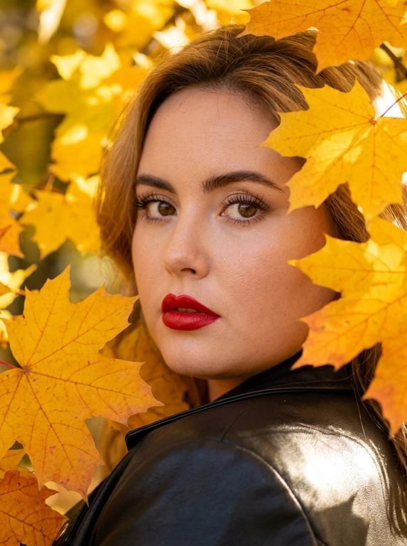 Осенний beauty-портрет крупным планом. Женщина с классической красной помадой смотрит из-за осенних ветвей с жёлтыми кленовыми листьями. Макро-ракурс. Женщина смотрит в объектив через правое плечо сквозь кленовые листья. В фокусе — глаза, плечо и насыщенная классическая красная помада. Одета в чёрную кожаную куртку. Фон: густая осенняя листва. Тёплый солнечный свет пробивается сквозь листву, оставляя золотой блик на плече, подчёркивая сатиновый финиш помады и естественную текстуру кожи среди осенней листвы. Стиль lifestyle-блога. Камера: 100mm, f/2.2, ISO 64, RAW. Звенящая макро-резкость на зрачках, ресницах, контуре губ и прожилках листьев с мягким кинематографичным боке осенних деревьев. visible pores, no plastic skin, no AI smoothing.