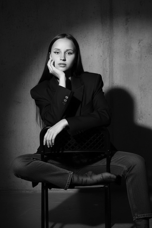 Портрет женщины, расслабленно сидящей на металлическом стуле со скрещенными ногами, голова наклонена в сторону и опирается на руку, средний план, перспектива на уровне глаз, естественный макияж со стрелками на глазах, с мягким контурингом и естественными губами, в объемном белом блейзере со структурированными плечами и капроновых колготках с узорами в виде красивых надписей , на фоне фактурной стены, драматическое кинематографическое освещение, боковое освещение справа, резкие контрастные тени, таинственная и напряженная атмосфера, съемка портретным объективом 85 мм, малая глубина резкости, высокохудожественная редакционная фотография, фотореалистичный, высокая детализация, монохромная цветовая палитра. Волосы ровные , одежда джинсы и педжак 