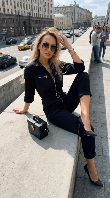 Используя референс лица, создай ultra-realistic editorial street photo. Женщина сидит на широкой бетонной городской террасе или парапете в безопасной fashion-съёмочной зоне, на фоне дороги, машин и городских зданий. Ракурс сверху и немного сбоку, как случайный кадр из Instagram, с эффектом модной папарацци-съёмки.

Поза расслабленная и уверенная: опирается руками назад, одна нога согнута и поднята ближе к камере, другая вытянута вниз, корпус слегка открыт к солнцу. Голова немного запрокинута, губы расслаблены, взгляд направлен в сторону камеры. Ветер слегка двигает волосы.

Загорелая кожа, лисий эффект ресниц, выразительный макияж, глянцевая кожа на солнце. Жёсткий дневной свет, глубокие тени, реалистичная текстура кожи, iPhone 15 Pro Max aesthetic, slight grain, high detail, no text, no watermark.

Какая будет одежда?: Свободный комбинезон механика глубокого насыщенного чёрного цвета с короткими рукавами и длинными прямыми штанинами. Ткань плотная, премиальная, с благородной матовой фактурой без серого или выцветшего оттенка. Комбинезон имеет металлическую молнию спереди, функциональные карманы, структурированные плечи и широкий ремень на талии. Длинные брючины свободно ниспадают до щиколоток, образуя мягкие складки. Образ дополнен серебристыми браслетами, остроносыми ботильонами и маленькой жёсткой сумкой-боксом.

Очки: На ней солнцезащитные очки 

Доп. характеристики: Одной рукой слегка касается волос.
Босоножки черные на тонкой шпильке