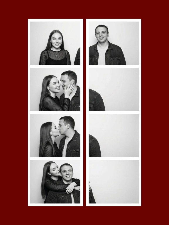 A black-and-white vertical vintage photobooth strip 1X4 of a man and a woman. The man wears a dark denim jacket over a light T-shirt. The woman wears a fitted semi-sheer black long-sleeve top with delicate small patterned details. Realistic candid couple energy, authentic photobooth snapshot feel, not too polished, not perfectly symmetrical, natural imperfect posing. All frames are stacked in a one column, one frame under another. Plain light studio background, strictly white photobooth borders with same width and square corners, realistic analog photobooth aesthetic, gentle film grain, soft contrast, natural skin texture, even frontal photobooth lighting. Frame 1: both stand side by side facing the camera, the woman on the left and the man on the right, slight height imbalance preserved, empty space between them, symmetrical centered composition. The woman's head slightly turned to the right, a flirtatious smile, a glance to the side. Frame 2: the woman turns toward the man and gently holds his cheek with one hand, smiling brightly; the man turns toward her with a soft smile. Their faces are close, but the composition remains off-center and slightly left-weighted, with more negative space on the right. Frame 3: the couple kiss in profile, the woman on the left and the man on the right, the couple is positioned close to the left side of the frame, extra empty space on the right side. The woman on his left, her hand on the men's cheek. Frame 4: the woman hugs the man from behind over his shoulders, her head leaning from the upper left side toward him, while the man faces the camera smiling. the couple is positioned very close to the left side of the frame, the right half of the frame is empty.