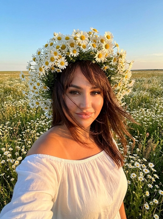Женщина делает селфи. На ней белое легкое платье с открытыми плечами, лёгкое хлопковое  платье. Кожа загорелая. У нее на голове объёмные цветочные венки из мелких полевых ромашек . Венки должны быть пышные, натуральные, свежие, как летний flower crown. Цветы расположены вокруг головы, без искусственного вида.
Её волосы развиваются от ветра слегка падая на лицо.
Фон: летнее поле с ромашками. Открытое небо без облаков слегка голубое.
Не размывай фон. Голова слегка наклонена к плечу.
Рук в кадре нет.
Горизонт прямой , волосы сильно развиваются от ветра. Солнечная погода в золотой час.

Доп. характеристики: Прическа без изменений улыбка как на фото