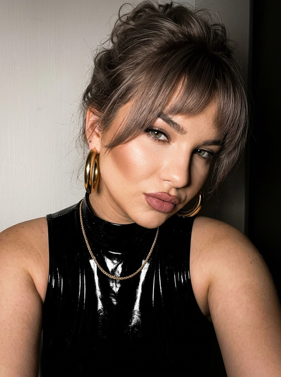 Сохранить внешность на 100%. Не менять черты лица. Как съёмка в 90-х. Локация: минималистичная студия, светлый фон. Модель: та же женщина (внешность не менять). Одежда: лаковый топ с горлом, руки открыты. Макияж: matte sculpted — контуринг, губы с карандашом, высокая детализация лица, видны поры. Кадр: низ-право — close-up, голова к плечу, игривый взгляд исподлобья, фокус на глазах и губах. Не менять лицо и цвет волос. Фото сделано на Canon G7X Mark III со вспышкой. Фото в цвете. Без фильтров. Вокруг темно. Высокая контрастность. В ушах — массивные золотые круглые серьги.


Какая будет прическа?: Волосы: 90s bombshell messy updo, объём у корней, curtain bangs.