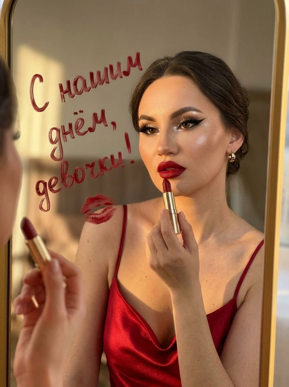 Отражение женщины в зеркале: женщина держит красную помаду. Гламурный макияж глаз с длинными чёрными стрелками, длинные густые ресницы с эффектом «лучики». Хайлайтер во внутренних уголках глаз и на скулах. Губы накрашены этой же красной помадой. Красное атласное платье на тонких лямках. Текст написанный на зеркале помадой от руки на русском языке без ошибок. Знак поцелуя красной помады на зеркале. Передний план: женское лицо, верхняя часть тела, рука, держащая помаду. Фон: зеркальная поверхность с текстом и поцелуем, размытое отражение интерьера. Глубина: неглубокая глубина резкости, фокус на женщине и поверхности зеркала. Портрет крупным планом, отражение, глаз, портретная линза, неглубокая глубина резкости. Тёплый золотой свет «золотой час», сильное боковое освещение. Женщина наносит помаду, отражение в зеркале, отражение в помещении, в помещении. Кожа, атласная ткань, золото (серьги, корпус помады, зеркальная рамка), стекло (зеркало). Фото сделано на iPhone 17 Pro Max.


Какая будет надпись?: Текст написанный на зеркале "С нашим днём, девочки!"
