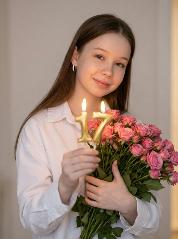 Вертикальный экстремально крупный цветной портрет по пояс в мягком романтичном стиле, камера на уровне груди, лёгкий фронтальный ракурс со смещением вправо, малая глубина резкости, фокус на руках и золотых зажжённых свечах-цифрах, образующих число .
Модель стоит полубоком, корпус в три четверти, плечи расслаблены, взгляд в камеру, милая полуулыбка, нежный наклон к цветам. В ближней к камере руке она держит свечи, вытянув руку вперёд в нижнюю центральную часть кадра, пальцы аккуратно обнимают ножки свечей, пламя даёт тёплый локальный свет. Вторая рука прижимает к груди плотный объёмный очень большой букет мелких ярко-розовых кустовых роз, занимающий левую половину кадра, почти без видимой зелени.  маленькие широкие бриллиантовые серьги-кольца.
Белое платье-кимоно с опущенными плечами и длинными широкими рукавами / расслабленная белая шёлковая пижама. Фон - светлая стена с легкой горизонтальной текстурой, немного размытая. Мягкий тёплый свет, как от ламп или бокового софтбокса, лёгкий акцент на свечах и руках, жёлто-оранжевые отблески, мягкие тени, уютная мечтательная атмосфера нежного birthday-портрета.

Какое будет число на свечах?: 17

Какая будет прическа?: Не менять мою прическу

Доп. характеристики: Одета в белую рубашку