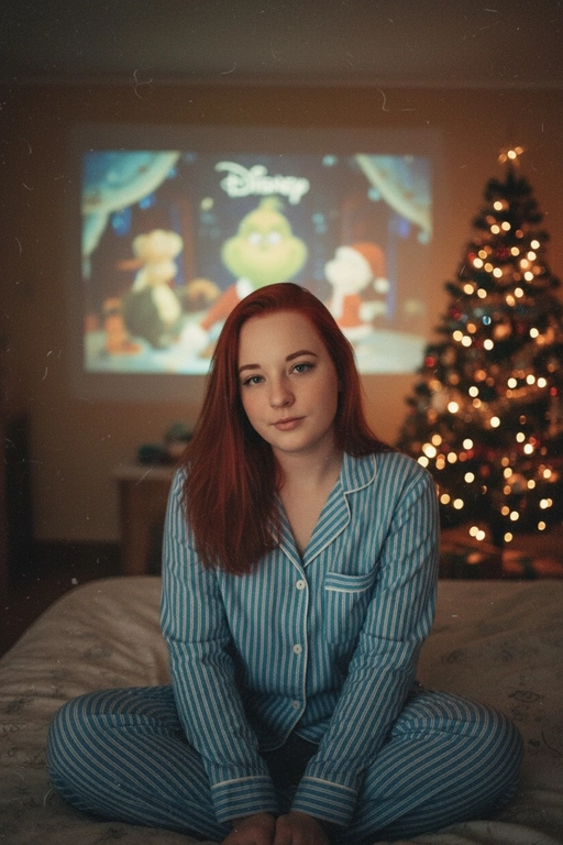 Атмосферный портрет человека, сидящий на кровати в уютной комнате. Не меняй черты лица ни на 1%. Человек смотрит в камеру. На человеке хлопковая голубая пижама в белую полоску. 
Теплое освещение от мерцающих гирлянд и рождественской ёлки. На заднем плане - проекция с фильмом или мультфильмом создающая нотку ностальгии.
Кинематографичный кадр, малая глубина резкости, волшебная и уютная атмосфера. Фото в стиле 90-х, ретро -фильтр. Зернистость Мультфильм - Disney "Гринч новогодний".