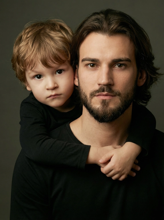 Создай портретный студийный кадр из фотосессии отца и сына. Сын обнимает отца сзади, лежа подбородком на его плече, руки мягко сомкнуты на груди мужчины. Оба смотрят прямо в камеру. Естественные спокойные эмоции, лёгкая серьёзность во взгляде.
Одежда — однотонные чёрные лонгсливы или свитера без принтов. Тёмный нейтральный фон (глубокий серо-оливковый или графитовый). Мягкий направленный студийный свет с лёгкой теневой глубиной, акцент на лицах, тёплая естественная цветокоррекция, высокая детализация кожи, натуральная текстура без излишней ретуши.
Кадр — крупный или средний план, плотная композиция, лица расположены близко друг к другу. Атмосфера — тёплая, камерная, эмоциональная, ощущение близости и доверия. Профессиональная съёмка, 85mm lens, shallow depth of field, cinematic portrait, ultra realistic.

