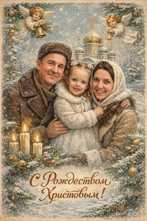 Создай винтажную рождественскую открытку со всеми людьми или одним человеком из предоставленных фотографий. Стиль - советские сказочные открытки 1950-1970-х годов, мягкая живописная иллюстрация, ощущение тепла и уюта. Композиция и формат: • Персонажи остаются в центре композиции • Фон - православная церковь, зимняя сказочная атмосфера Лица: • Лица сохранить максимально похожими на оригинальную фотографию (one-to-one likeness) • Без изменения черт лица, возраста и эмоций • Реалистичное сходство, аккуратная художественная стилизация без искажений. Одежда и образы: • Заменить современную одежду на старинную зимнюю советскую одежду. Если человек- женского пола , то добавь белый платок на голову. ⁠ Декор и детали:  • Хвойные ветки • ангелочки в сказочном стиле, церковные свечки • Лёгкий снег, морозные узоры Цвет и атмосфера: • Светлая, зимняя, мягкая цветовая палитра • Пастельные оттенки, эффект старой бумаги, легкое зерно • Сказочное, теплое новогоднее настроение  • Шрифт - изящный, рукописный, сказочный, в стиле советских открыток. Надпись: «С Рождеством Христовым»