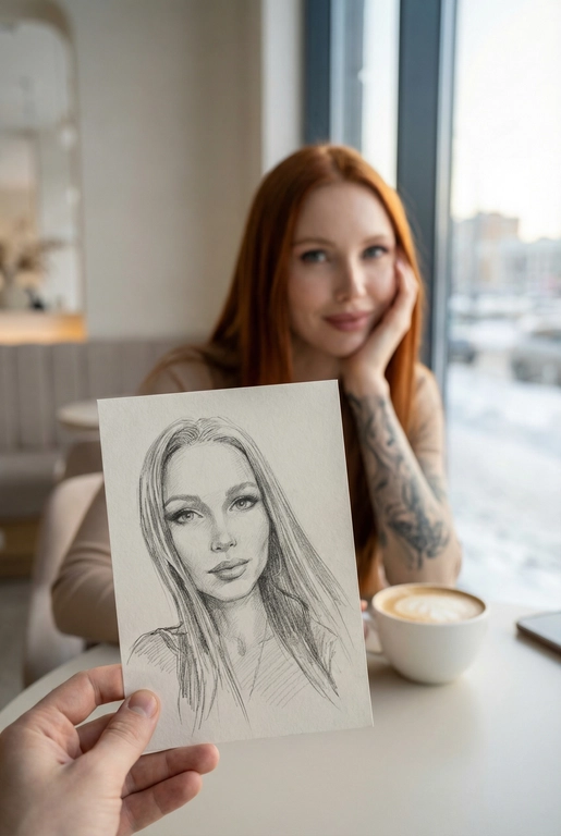 Используя загруженное эталонное фото этого человека, сохрани его черты лица, тон кожи, цвет и длину волос на 100% идентичными исходному изображению. Не меняй форму лица, индивидуальность, возраст или выражение. Сохрани реалистичную текстуру кожи и поры, избегая пластикового сглаживания или чрезмерной ретуши. Создай изображение человека с предоставленной фотографии, не изменяя его внешность и естественные особенности.
Снимок от первого лица: на переднем плане видна рука, держащая карандашный набросок портрета. На заднем плане, в легкой расфокусировке, сидит человек, по образу которого сделан этот рисунок. Композиция создает визуальный диалог между реальностью и искусством.
Человек на фоне смотрит в камеру с легкой, естественной улыбкой, подпирая щеку одной рукой и слегка наклонив голову. Макияж (если присутствует) естественный. На карандашном наброске изображено то же лицо, но с более спокойным, задумчивым и погруженным в себя выражением.
Человек на фоне одет в аккуратную, нейтральную повседневную одежду. На рисунке человек изображен в более свободном, художественном образе.
Сцена происходит в светлом, минималистичном дорогом кафе. Человек сидит за столом. На заднем плане видно большое окно с размытым городским зимним пейзажем. Перед человеком стоит керамическая белая кружка с капучино.
Золотой час. Яркий, но мягкий рассеянный дневной свет из бокового окна падает на лицо человека, создавая естественные блики и мягкие тени, подчеркивая уютную атмосферу.
Фотореалистичный стиль, имитация снимка на смартфон или цифровую камеру с портретным объективом. Малая глубина резкости (эффект боке): карандашный набросок в руке находится в идеальной резкости, а человек и фон — мягко размыты. Карандашный набросок должен выглядеть максимально реалистично, с видимой текстурой бумаги и штриховкой.