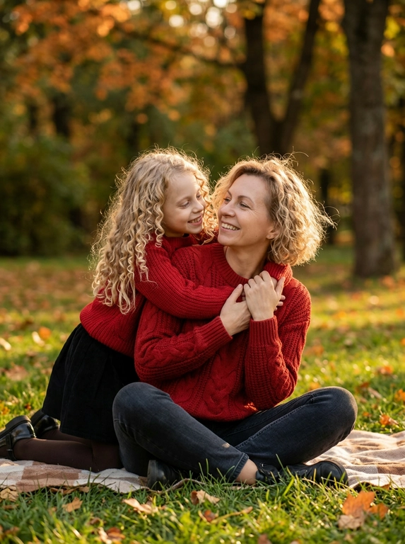 Промт сохранить черты лица цвет волос как на референсе

Сфотографируй тёплую, эмоциональную сцену на природе между мамой и дочерью. Они сидят на зелёной траве в осеннем парке. На заднем плане — размытый фон с деревьями, украшенными золотисто-оранжевыми листьями, мягкий солнечный свет создаёт уютную атмосферу.

Мама сидит, слегка наклонившись вперёд, с искренней улыбкой на лице. Она одета в свободный ярко-красный свитер и тёмные джинсы. Её волосы кучерявые средней длины, обрамляют лицо.

Дочь обнимает маму сзади, её лицо тоже озарено лёгкой улыбкой. На ней такой же ярко-красный свитер (создаёт ощущение единства), чёрная юбка и тёмные колготки. У девочки длинные светлые волосы, они свободно спадают на плечи.

Поза очень естественная и тёплая: дочь крепко обнимает маму за плечи, а мама слегка придерживает руки дочери. Между ними ощущается сильная эмоциональная связь, любовь и доверие. Освещение мягкое, с тёплым золотистым оттенком, подчёркивающим осеннюю атмосферу. Композиция кадра акцентирует внимание на лицах и жестах героев, передавая атмосферу семейного уюта и счастья.