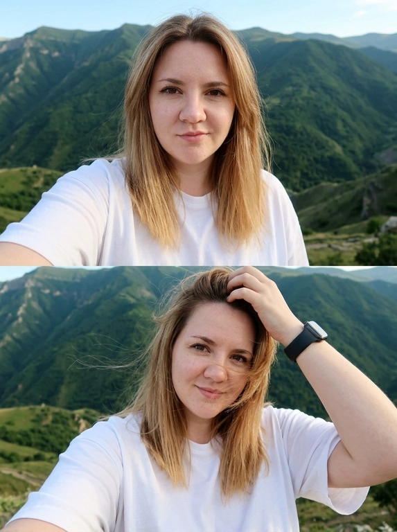 Создать ultra realistic cinematic collage из двух вертикальных кадров. STRICT identity preservation.
Первый верхний кадр коллажа: Модель делает селфи на фоне огромных зеленых гор Дагестана под ясным ярким дневным небом. На фоне высокие насыщенно-зеленые горы, уходящие вдаль и создающие кинематографичную глубину. Камера близко к лицу, слегка широкий угол, как случайное vacation selfie.

Второй нижний кадр коллажа: Та же модель на фоне тех же гор Дагестана, но в немного другой позе и ракурсе. Атмосфера остается естественной, живой и спонтанной, как серия кадров из поездки. Некоторые пряди мягко развеваются от теплого летнего ветра.

Модель в полуповороте, слегка наклонив голову, мягко улыбается и смотрит в камеру. Одной рукой касается волос у корней, удерживая прядь. Рука слегка размыта в движении, создавая candid snapshot feeling.

На запястье чёрные Apple Watch.

Одежда: белая футболка свободного кроя. На ткани видны солнечные блики, естественные тени и легкие складки. Образ выглядит естественным, свежим и расслабленным.

Освещение: сочетание яркого дневного солнца и прямой вспышки Canon G7X.  Кадр выглядит как luxury travel snapshot, случайно снятый во время отдыха.

Атмосфера: warm summer wind, luxury vacation aesthetic, spontaneous candid moment. Мягкая улыбка с закрытыми губами, зубы не видны.