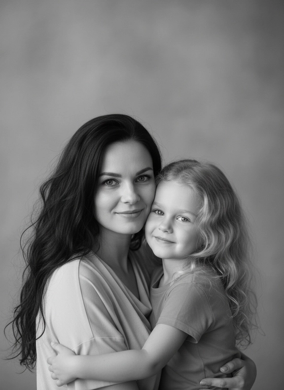 Не менять лицо,черты лица все как в исходных фото,мать с ребенком прижимаются щеками друг к другу,черно белый фон, профессиональная съемка в студии волосы распущены