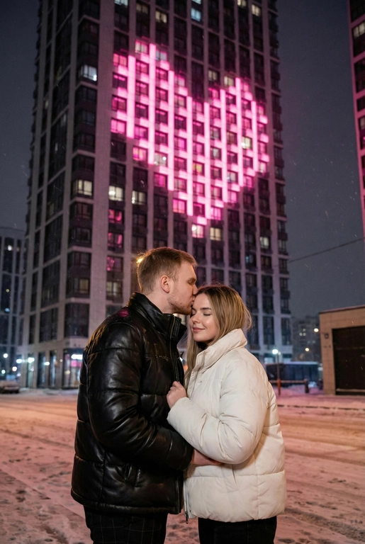  Создай не меняя черты лица. Романтический снимок пары, стоящей на заснеженной городской улице поздним вечером. Главный объект – крупный план пары: мужчина в черной кожаной дутой зимней куртке нежно целует женщину в белой дутой куртке в лоб, она стоит с прикрытыми глазами, улыбаясь. За ними возвышается массивный современный жилой небоскреб, на фасаде которого окна на нескольких этажах подсвечены ярким  светом, формируя огромное пиксельное сердце. Освещение драматичное, контрастное, с преобладанием холодных тонов в небе и тёплого, неонового розового свечения от здания. Снег на земле отражает свет. Урбанистическая, зимняя, кинематографическая фотография, атмосферный кадр.