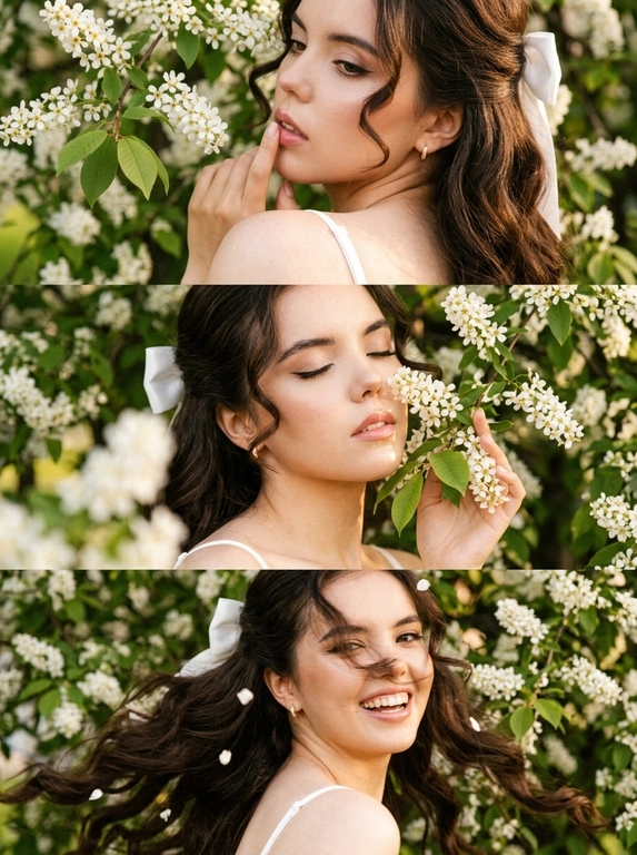 Создай  триптих из трёх кадров, расположенных под друг другом все кадры — крупный план (close-up portrait), единая стилистика и цветовая палитра. Весенняя атмосфера, цветущая черёмуха. Лицо освещено мягким боковым светом. Акцент на макияже глаз — изящные стрелки. Кожа светится естественным сиянием. Волосы мягко подсвечены контровым светом.
Макияж — свежий ретро-гламур: тонкая стрелка, аккуратно подчеркнутые ресницы, нежно-розовые губы с мягким блеском, лёгкий румянец.  Одежда - видны фрагменты белого верха на тонких бретельках.
Кадр 1 (верхний)
Экстремально крупный план лица со спины.  Она стоит спиной к камере, голова повернута в сторону плеча, палец касается губ под ветвями цветущей черёмухи. Нежные белые соцветия обрамляют лицо.
Кадр 2 (средний)
Крупный план, она закрывает глаза и слегка касается ветки черёмухи у щеки. Лепестки частично в фокусе на переднем плане.
Кадр 3 (нижний)
Крупный портрет в движении — лёгкий поворот головы, волосы развеваются от ветра падая на лицо и скрывая его часть, несколько лепестков черемухи в воздухе и в волосах, корпус наклонен к камере она смеется.
Стиль и обработка всех кадров:
Сцена имеет эстетику винтажного фильма с мелким зерном. 
все три фото фото залито солнечным светом, сильное плёночное зерно, тёплая винтажная цветокоррекция, лёгкая засветка по краям кадра, высокая детализация кожи, естественная текстура, гармоничная композиция триптиха.

Прическа:: Мягкие объёмные волны в стиле 70-х, естественный прикорневой объём, часть волос собрана сзади атласной белой лентой завязанной на бантик, два локона спереди обрамляют лицо.