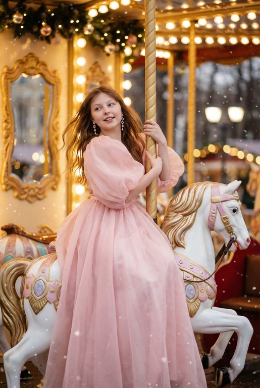   Сказочный праздничный портрет на ретро-карусели, вертикальный кадр до пола. Девушка сидит боком верхом на белой карусельной лошадке с золотыми и пастельно-розовыми декоративными элементами, руками обнимает золотой столб, на ней, уши украшены свисающими серьгами. Волосы распущены и развеваются, лицо слегка повернуто в сторону, выражение расслабленное и радостное. Фон залит тёплым светом гирлянд и лампочек карусели, золотые рамы зеркал и размытые огни парка создают атмосферу роскошной рождественской ярмарки, в воздухе лёгкие снежинки и боке. Гламурный праздничный стиль, насыщенные тёплые тона, мягкое боке, high fashion editorial, 8k, cinematic lighting, shallow depth of field, festive atmosphere. --ar 9:16 --v 6 --style raw --q 2 На ней пышное вечернее платье нежно‑пудрового цвета, из материалы -органзы, с рукавами буфами, создающими объём и движение