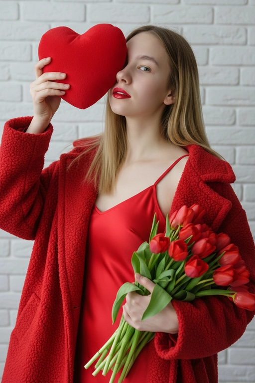 Профессиональная модная фотография в сверхвысоком разрешении, на которой женщина держит большой красный предмет в форме сердца, прикрывающий один глаз, и сжимает букет красных тюльпанов. Максимально сохранить все черты лица, сохраняя точные черты лица по образцу, мягкое естественное боковое освещение слева. нежные тени, портрет в три четверти с небольшим наклоном вверх, элегантное красное платье-комбинация на тонких бретельках под открытым текстурированным красным пальто оверсайз, уверенный игривый взгляд и ярко-красные губы, романтическое настроение, теплая красно-зеленая палитра на фоне белой кирпичной стены, бьюти-снимок из журнала, небольшая глубина резкости, четкий фокус на лице, Сверхдетализированная профессиональная фотография в формате 8K.
