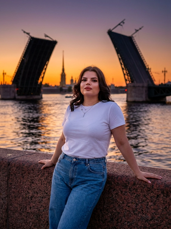 Крупный план, центральная композиция. Модель модель стоит, спина прямая, прислоняется спиной опираясь руками на широкий гранитный парапет. взгляд в камеру. На заднем плане — панорама Невы с разведенным Дворцовым мостом и шпилем Петропавловской крепости. Объектив 35mm, средняя глубина резкости, чтобы фон оставался узнаваемым, но мягким.
Минималистичный летний образ: белая футболка, свободные голубые джинсы.
Золотой час (Golden hour). Теплый, мягкий свет заходящего солнца подсвечивает контуры фигуры. Оранжево-розовые отблески на воде и граните. Контровое освещение со стороны горизонта.
Насыщенный закатный колорит: градиент неба от глубокого оранжевого к мягкому фиолетовому. Теплые тона, высокая контрастность силуэта на фоне яркой воды.
Детальная текстура гранитного камня парапета, рябь на воде, отражающая закат. Реалистичные складки на одежде и мягкие тени.
Кинематографичный кадр, высокое разрешение, атмосферное туристическое фото премиум-класса, отсутствие лишних людей в кадре.