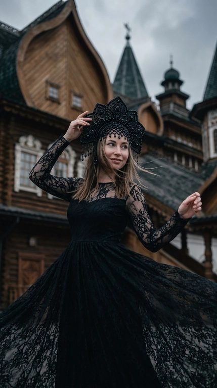 Фотореалистичный кинематографичный портрет. Женщина в образе славянской княжны стоит на фоне роскошного деревянного дворца царя Алексея Михайловича в Коломенском, с богато украшенными резными фасадами, башнями, теремами, фигурными крышами и исторической русской архитектурой XVII века. Съемка с нижней точки немного снизу вверх, крупный план до колен, камера расположена на уровне талии модели. Женщина повернута корпусом на три четверти, одна рука изящно поднята к кокошнику, вторая плавно отведена в сторону, создавая ощущение движения. На ней длинное черное кружевное платье с полупрозрачными рукавами и объемной струящейся юбкой, развевающуюся ветром, роскошный черный расшитый кокошник с бисером и декоративными подвесками. Волосы развеваются ветром. Выражение лица задумчивое и немного таинственное, взгляд направлен в сторону. Макияж выразительный и драматичный: идеально ровная матовая кожа, холодный скульптурирующий контуринг, глубокие дымчатые smoky eyes в серо-черной гамме, длинные густые ресницы, четко оформленные брови, матовые нюдово-розовые губы. Пасмурное предгрозовое небо, атмосферный ветер, развевающий волосы и кружево платья. Темная кинематографичная цветокоррекция с глубокими тенями, холодными графитовыми и темно-коричневыми оттенками, приглушенной палитрой, высокой детализацией дерева, резьбы и тканей. Небольшая глубина резкости, мягкое боке, объектив 85mm, f/1.8, профессиональная fashion-съемка в эстетике dark russian fairytale, gothic princess, ultra realistic, cinematic atmosphere, high detail.

Доп. характеристики: Молодое лицо. Улыбается. На руках нет колец