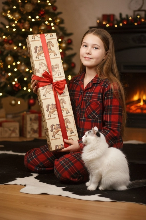 Используйте отправленную мной фотографию в качестве референса. Камера снимается немного выше уровня глаз, глядя прямо на модель, охватывая от середины груди и выше.  На изображении человек держит подарочную коробку  (размер 50х500х50 сантиметров) с крышкой, перевязанную красной лентой. На коробке нарисованные игрушечные лошадки. На фоне размытая рождественская или новогодняя елка. Лицо в три четверти (3/4), Модель в красной пижамной рубашке в клетку. Смотрит в камеру с легкой улыбкой, как будто предвкушая открыть свой подарок. 

Освещение выполнено по принципу софтбокса, но с более сильным, концентрированным основным светом для создания интенсивного свечения, сохраняя при этом мягкие тени, которые подчёркивают черты лица человека. 
Гиперреалистичная детализация, передающая каждый нюанс красоты, выражения лица и сложную текстуру волос, кожи и одежды. Атмосфера новогоднего праздника.  Не меняй черты лица, не меняй лицо, сохранить пропорции лица, 
Схожесть лиц 100%. Не меняя ни на 1% черты лица
 теплая рождественская обстановка. Девочка 9 лет с длинными русыми волосами .Улыбается. . Она сидит, скрестив ноги, на полу из дерева, на ковре в форме шкуры коровы. Позади нее — украшенная рождественская елка с гирляндами и огнями. Справа — камин с огнями. Свет исходит от огней на елке и камине, создавая теплую и уютную атмосферу. Композиция вертикальная, перспектива – средний план, Преобладающие цвета – теплые оттенки коричневого, золотистого и зеленого. Рядом с девочкой белая кошка с черными ушками 