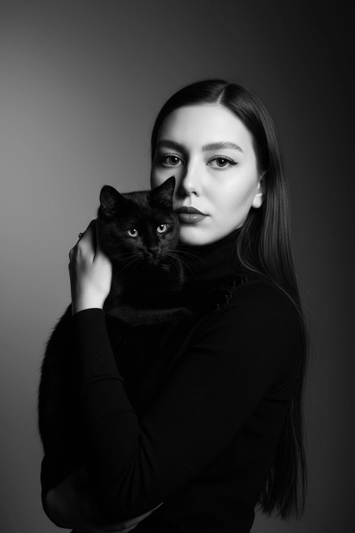 Высококонтрастный черно-белый портрет женщины в черной водолазке, держащей чёрную кошку у лица. Композиция напряжённая и интимная: оба персонажа смотрят прямо в камеру с одинаковой интенсивностью. Яркое и направленное освещение создаёт глубокие тени и подчёркивает контраст между их бледной кожей и тёмной шерстью кошки. Выражение её лица спокойное и уверенное, глаза подведены чётко, а гладкие прямые волосы естественно ниспадают на одно плечо. Фон - градиент от серого к темно-серому. Общее настроение таинственное, элегантное и кинематографичное, напоминающее портрет из модного журнала с готическим подтекстом.