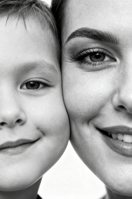 Сверхреалистичная черно-белая художественная фотография 8K женщины и ребенка, снятая очень крупным планом, щека к щеке так что видны только правая половина лица женщины и левая половина лица ребенка. которые смотрят в камеру. Их лица расположены рядом, почти соприкасаясь, образуя идеально сбалансированную симметричную композицию. Каждая деталь передана с фотографической точностью: тонкая текстура кожи и плавные градиенты света и тени. Видимая половина женщины включает ее бровь, один глаз , часть ее носа, щеку и губы, слегка приоткрытые в нежной, естественной улыбке, Видимая половина ребенка включает один глаз , круглую мягкую щеку, часть носа и небольшую улыбку, Фон белый и слегка размытый, что подчеркивает эмоциональную близость между ними. Освещение мягкое и рассеянное, создает деликатный контраст и тональную глубину. На снимке запечатлены нежность, близость и связь между матерью и ребенком, запечатленные с потрясающей реалистичностью. Не меняй черты лиц. 