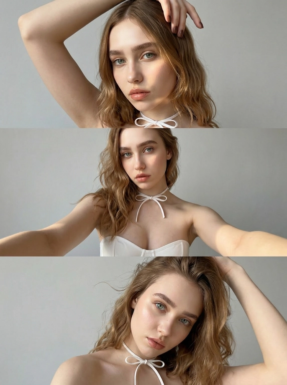 Вертикальная фотореалистичная fashion/lifestyle-фотография в эстетике «sunlit selfie set»: коллаж из трёх горизонтальных кадров, сложенных вертикально один под другим (триптих). Без текста, без логотипов и водяных знаков.
Описание человека: использовать входное изображение строго только как референс идентичности; сохранить черты лица, выражение, пропорции головы и индивидуальные особенности без изменений.Макияж  длинные черные острые стрелки которые вытягивают веко,длинные ресницы эффект «лисьего взгляда»и слегка коричневый контур у губ , лёгкий румянец на щеках высокая детализация лица видны поры маникюр короткий квадрат в оттенке шоколад.
Локация и фон: простая гладкая светло-серая/почти белая стена, минимализм, никаких предметов.
Общий стиль изображения: реалистичная «домашняя» подача, как серия кадров с телефона: умеренная резкость без перешарпа, лёгкая компрессия, деликатное зерно, натуральные цвета, мягкий контраст.
Одежда и детали: минималистичный белый корсет без принтов (без лямок), тонкая,белая  завязка в виде бантика на шее  , без акцента на брендах, фигура песочные часы грудь четвёртого размера
без сильной ретуши.
Кадр 1 (верхний)
Крупный портрет по плечи. Женщина ближе к камере, одна рука поднята над головой, кисть касается макушки/волос. Взгляд в камеру, выражение спокойное, немного задумчивое. Волосы чуть прикрывают одну часть лица, солнечный луч проходит по волосам и щеке.
Кадр 2 (средний)
Средний крупный план по верх груди. Женщина держит камеру вытянутой рукой (рука частично видна внизу/сбоку кадра), поза «селфи». Взгляд прямо в камеру, лицо в мягком солнечном пятне, тень от окна уходит по стене. Волосы более свободно лежат на одном плече.
Кадр 3 (нижний)
Крупный портрет по плечи, рука снова в волосах, но голова слегка наклонена в сторону для другой диагонали. Взгляд в камеру, выражение спокойное и уверенное. Волосы объёмно лежат по длине, несколько прядей «живут» в воздухе, как от лёгкого движения.
Композиция и техничка: три кадра в одном вертикальном изображении; единая локация и свет, небольшие различия в позе и положении волос; фото сделано на фронтальную камеру iPhone 17 Pro Max. photoreal, high realism, natural daylight selfie triptych, без рамок.