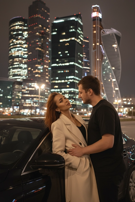 Используй предоставленные изображения и создай фото женщины и мужчины, в романтическом стиле, женщина облокотилась спиной на автомобиль, слегка откинувшись назад. ее слегка взъерошенные волосы мягко развеваются на ветру. Лицом к ней прижавшись стоит мужчина выше нее и одной рукой обнимает её за талию, а другой рукой опирается на машину. Влюбленно смотрит на женщину. На заднем плане изображена Москва-Сити, сияющая теплыми золотистыми огнями ночного города. Улица залита мягким городским светом, создающим гламурную и кинематографическую атмосферу. Поза женщины уверенная и в то же время игривая, и основное внимание уделяется взаимодействию между ней мужчиной. Освещение должно подчеркивать их силуэты, а отражения окружающих огней на стекле автомобиля должны создавать элегантную атмосферу. Не меняй одежду людей.