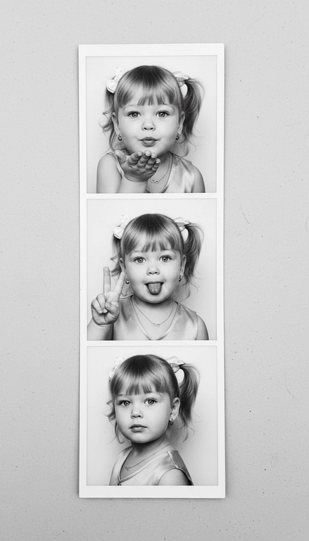  Используя мою фотографию в качестве референса для лица и волос, не изменяя исходные черты лица и сохраняя верность моим физическим характеристикам, создайте ленту из фотографий в ч/б с тремя вертикальными белыми рамками. Лента выглядит так, будто лежит на столе или фоне. Фотографии выглядят профессионально , как будто из настоящей фотобудки. 

В каждой рамке по центру расположены портрет и фотография погрудной проекции одного и того же человека. Взгляд прямо в камеру.

Общая эстетика винтажная, с лёгкой зернистостью и выцветшим качеством, напоминающая классическую аналоговую фотографию. Но при этом изображение выполнено в высоком разрешении. На светло-сером фоне видны едва заметные следы пыли и царапин. Лица человека на белом фоне. 
НЕ ИЗМЕНЯЙТЕ МОЁ ЛИЦО. На верхнем фото девушка посылает зрителю воздушный поцелуй, поднеся правую руку ко рту и слегка поджав губы. Выражение её лица игривое и дружелюбное.  На среднем фото девушка мило и игриво показывает знак мира, высунув язык. Брови слегка приподняты. На нижнем фото девушка позирует, отвернувшись к плечу, смотрит прямо в камеру с более спокойным и уверенным выражением лица. Губы мягко сжаты, взгляд прямой и чувственный. ОДЕЖДА: На ней маленькие серьги-кольца и изящное ожерелье с символом бесконечности поверх светлого атласного или шёлкового топа. На ней естественный макияж, включая глянцевый блеск для губ, лёгкую подводку для глаз и кукольные нарощенные ресницы, без излишеств. У неё квадратный французский маникюр. 