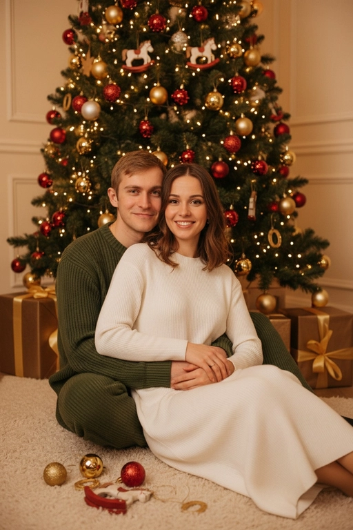 Используй предоставленные изображения и создай фото из домашней новогодней фотосессии. Не меняйте черты лица. . В кадре мужчина и женщина, они сидят на полу в обнимку, улыбаются и смотрят в камеру. Мужчина обнимает женщину сзади за талию. На женщине надето вязаное длинное платье с длинными рукавами. На мужчине вязаный свитера и штаны. На заднем плане стоит наряженная елка с игрушечными шарами, игрушечными лошадками, игрушечными подковами. Под елкой разложены подарочные коробки, перевязанные золотыми лентами. Рядом с парой лежат несколько елочных игрушек как на елке. Фотография выполнена в теплой цветовой гамме. Атмосфера уютная и праздничная. цвет платья девушки- белый, цвет свитера и штанов мужчины - зеленый