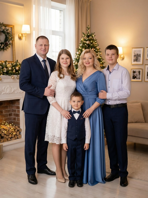   
Создать семейный портрет. Схожесть лиц 100%. Не меняя ни на 1% черты лица. На фото 5  человек. Папа, мама, сын 14 лет, дочь 17 лет и сын 6 лет. Люди на фото одеты в красивую, праздничную одежду.

